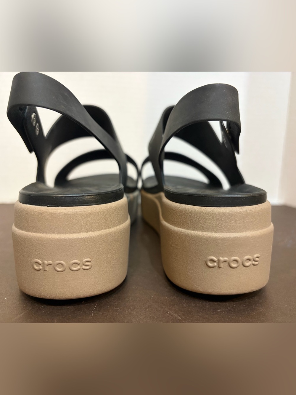 CROCS Black Strap Platform Sandal with Tan Sole - Picture 3 of 4